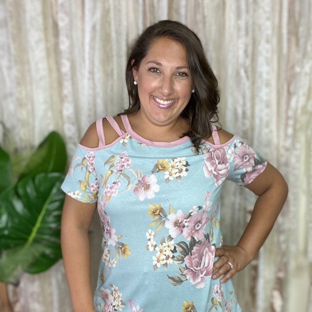 Dusty Blue Floral Cold Shoulder Top